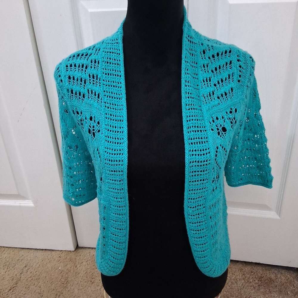 Caslon Turquoise Open-Front Crochet Shrug   Size XS